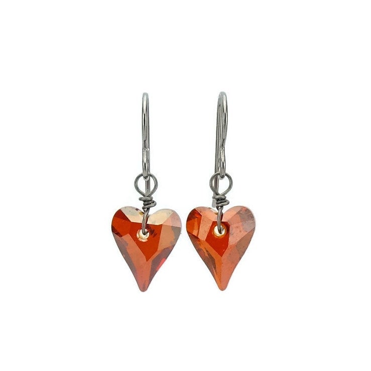 Red Heart Niobium Earrings, Wire Wrapped Niobium Earrings for Sensitive Ears, Magma Red Love Heart Hypoallergenic No Nickel Titanium Earring