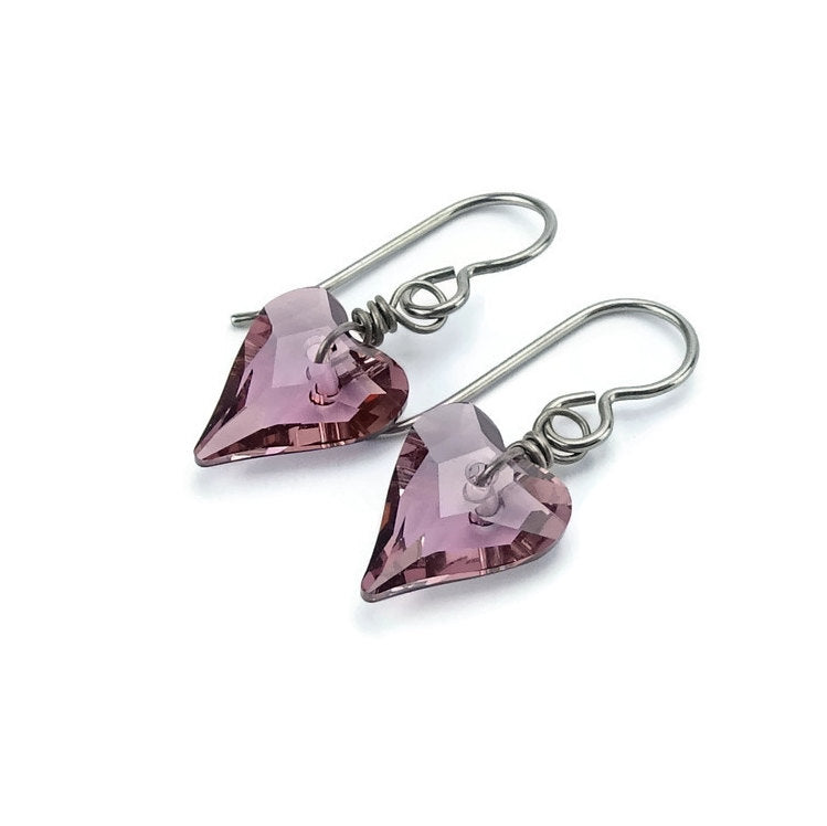 Antique Pink Heart Niobium Earrings, Light Purple Swarovski Crystal, Love Heart Hypoallergenic Nickel Free Titanium Sensitive Ears Earrings