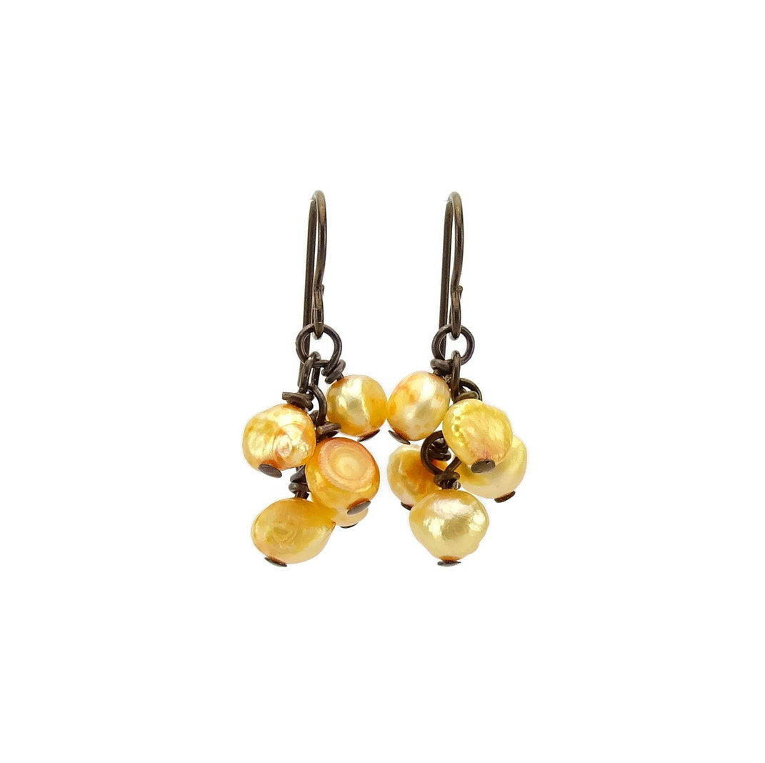 Orange Pearl Cluster Niobium Earrings, Cascading Gold Pearl Nickel Free Earrings, Bronze Brown Niobium Hypoallergenic for Sensitive Ears