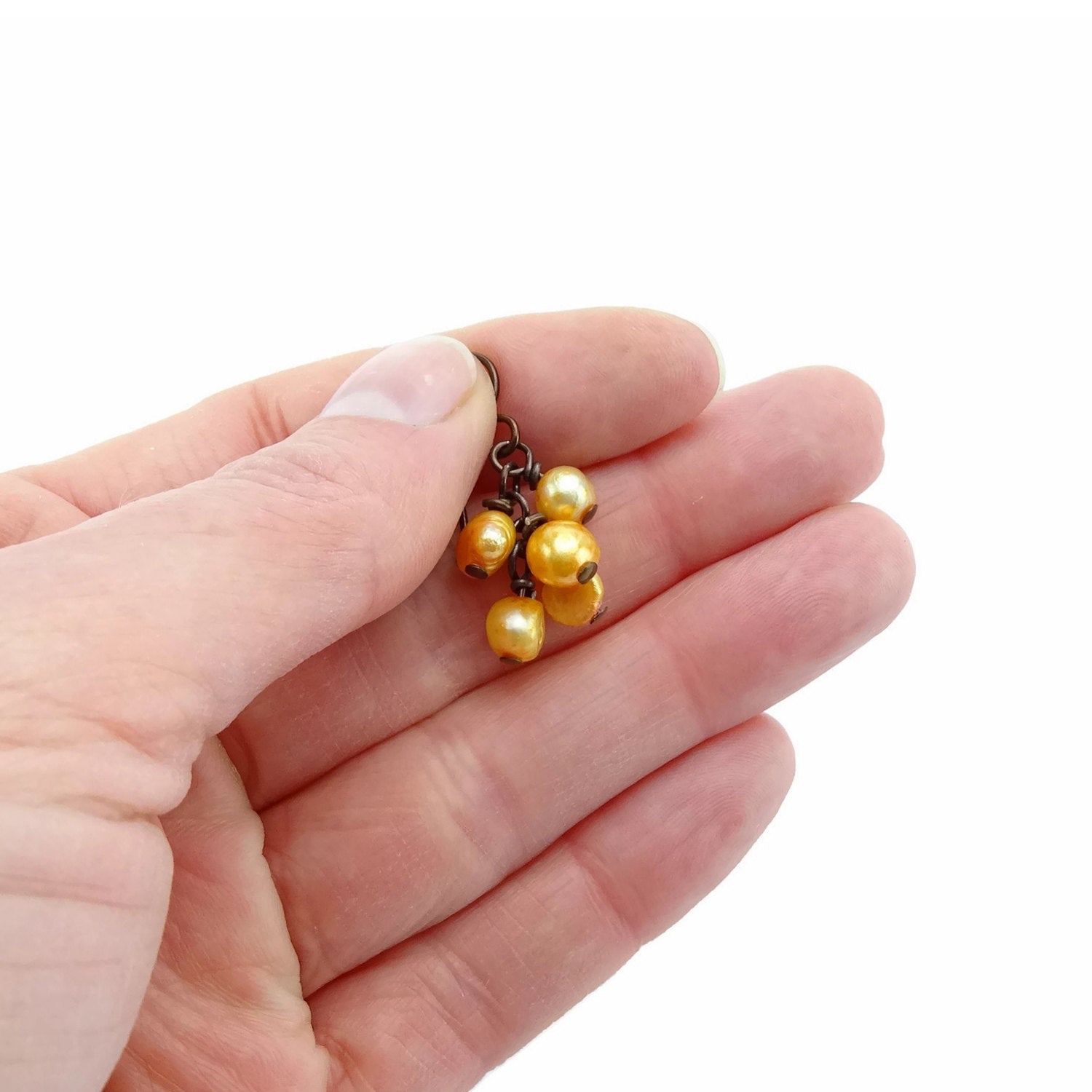 Orange Pearl Cluster Niobium Earrings, Cascading Gold Pearl Nickel Free Earrings, Bronze Brown Niobium Hypoallergenic for Sensitive Ears