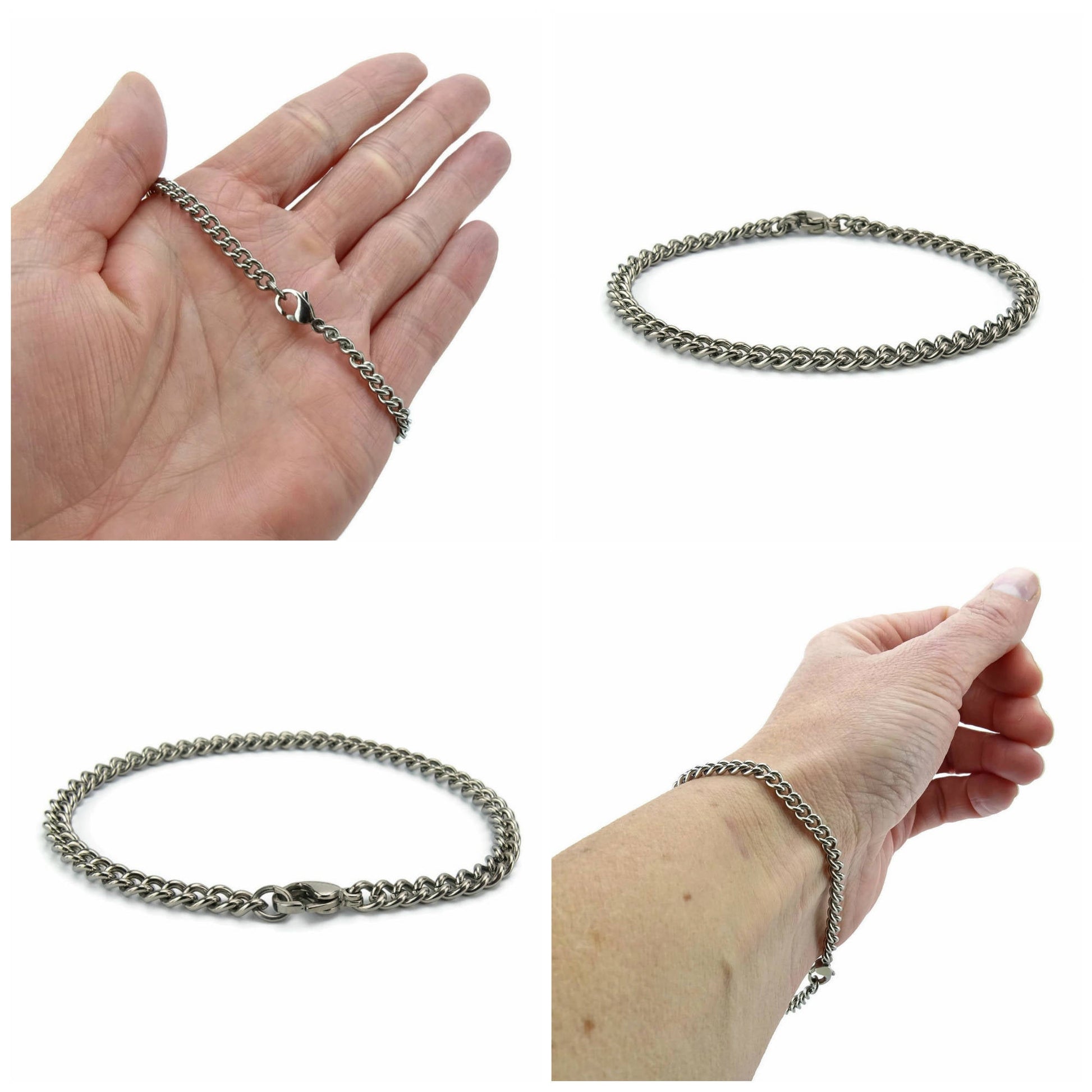 Medium Curb Titanium Bracelet, Pure Titanium 4.4mm Chain Bracelet for Sensitive Skin, Sturdy Chain Titanium Bracelet for Him