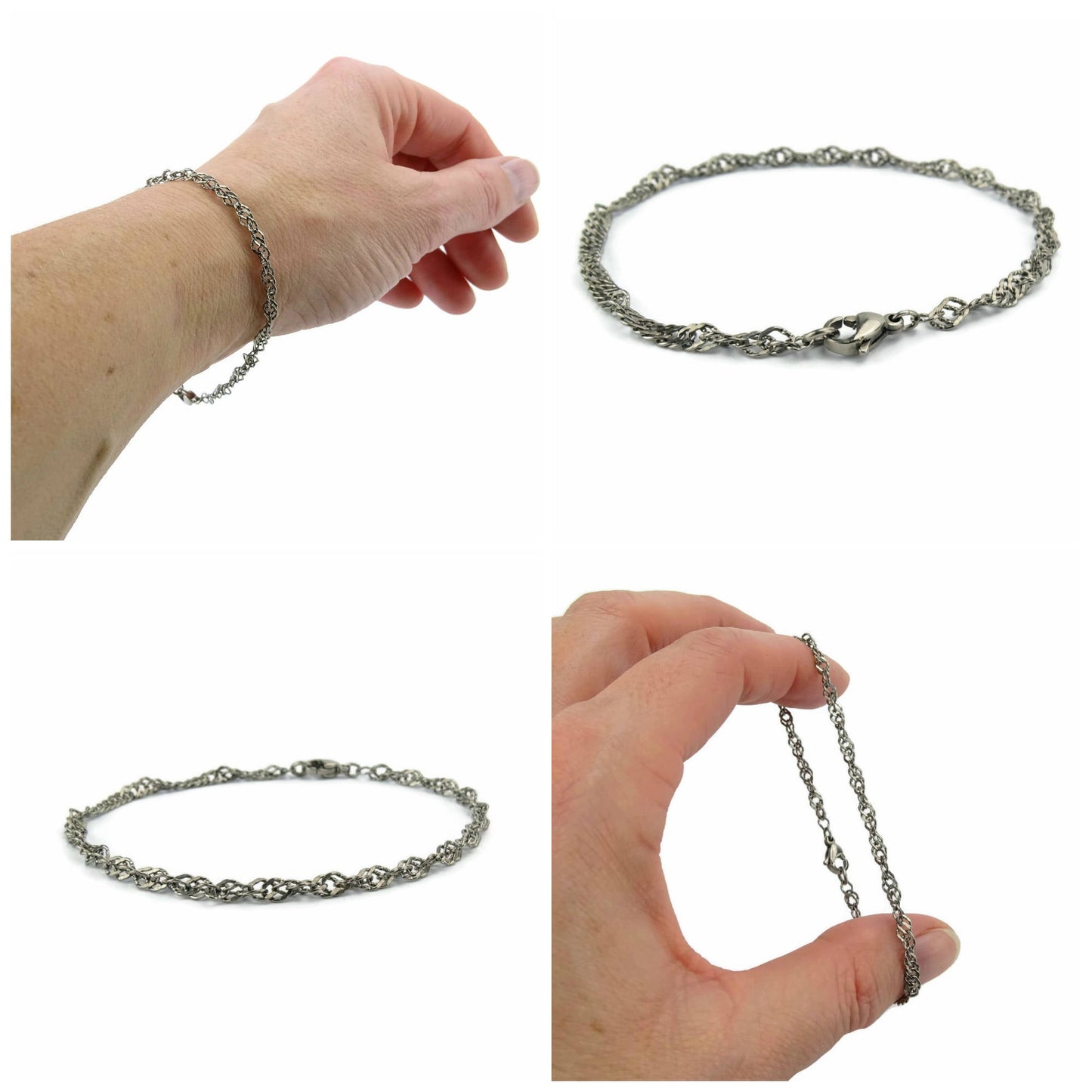 Singapore Style Titanium Bracelet, Pure Titanium Chain Bracelet for Sensitive Skin, Singapore Curb Chain Titanium Bracelet or Anklet