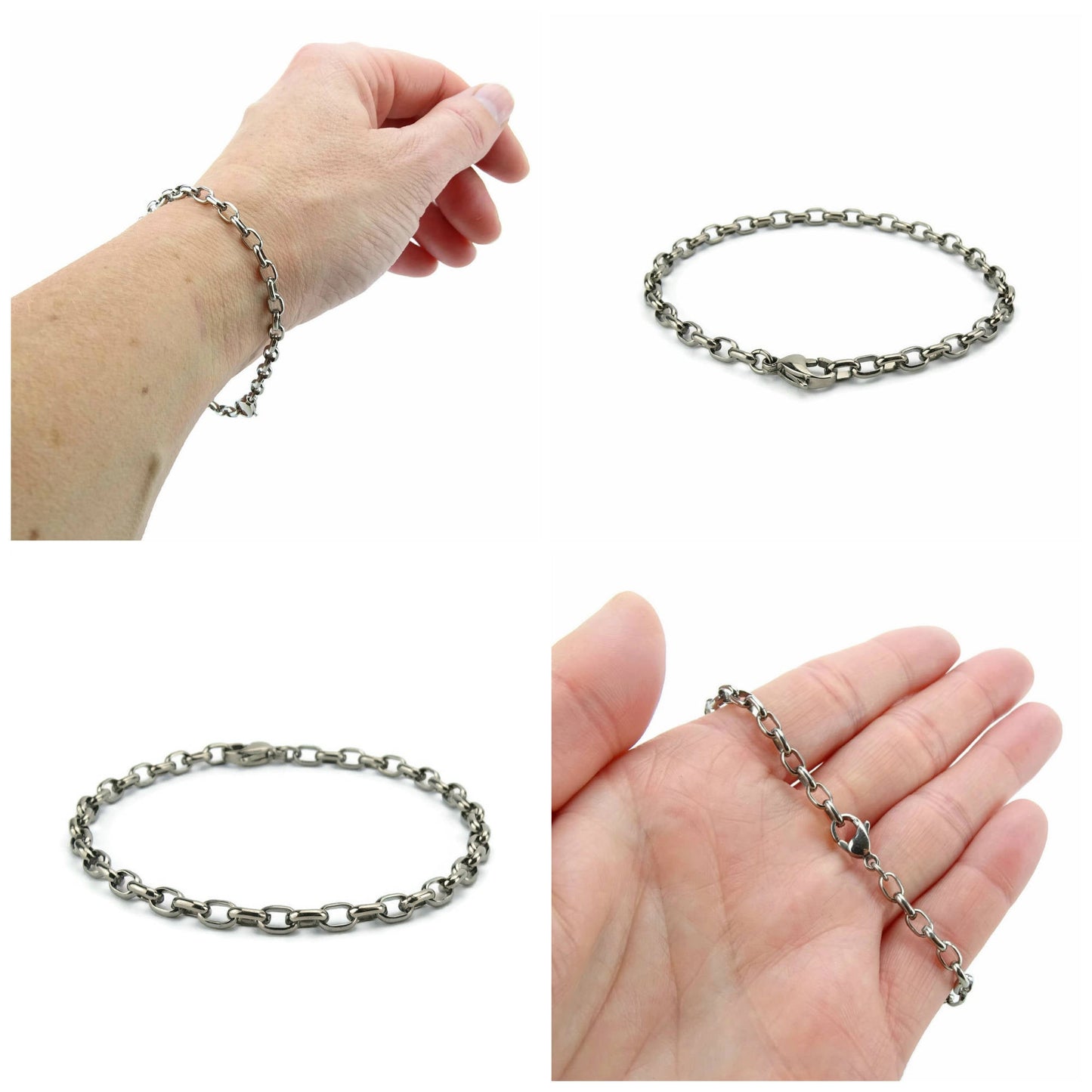 Titanium Mens Bracelet, Half Round Oval Cable Link, Pure Titanium 4 mm wide Chain Bracelet, Sensitive Skin Bracelet for Him, Men Jewelry