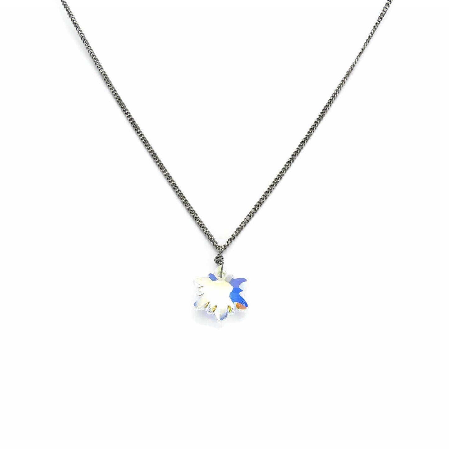Aurora Borealis Clear Swarovski Crystal Edelweiss Titanium Necklace, Niobium Wrapped Hypoallergenic Nickel Free Necklace For Sensitive Skin