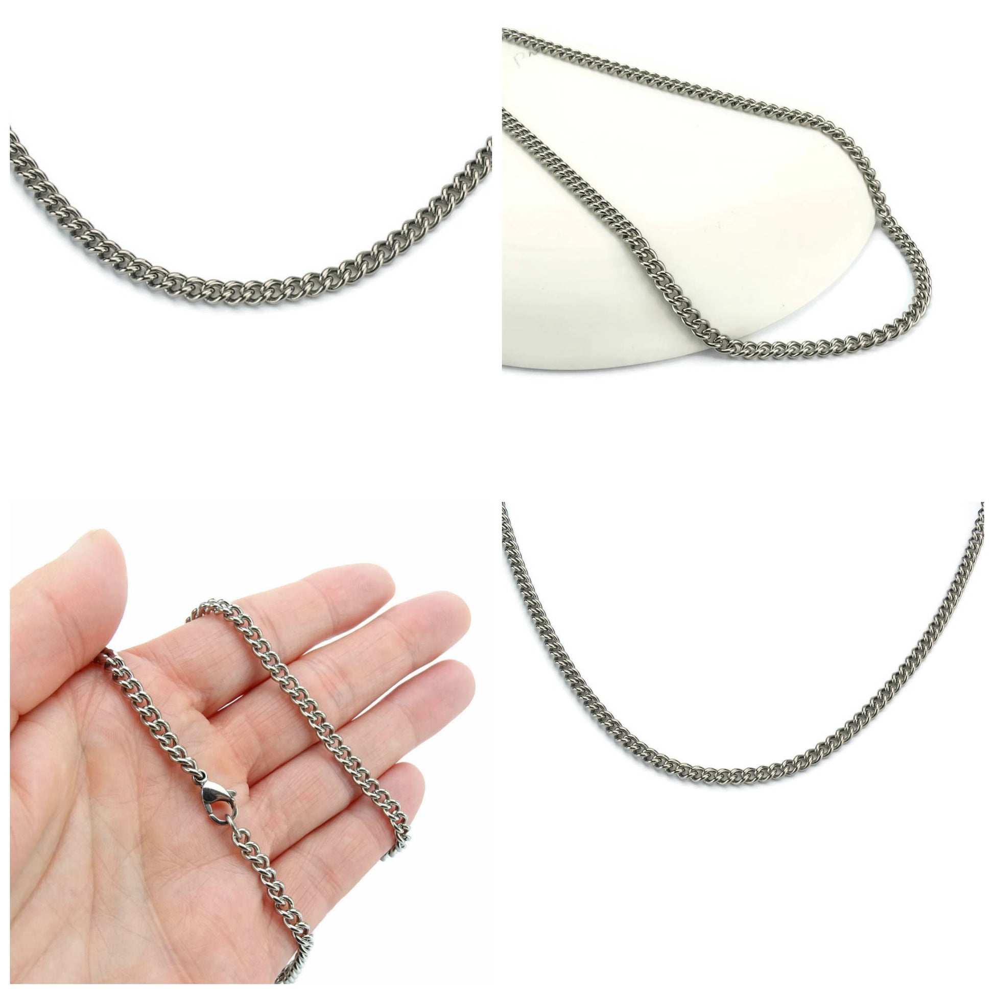 Titanium Mens Necklace, 4.4mm Medium Curb Chain Necklace for Sensitive Skin, Nickel Free Hypoallergenic Pure Titanium Jewelry for Him