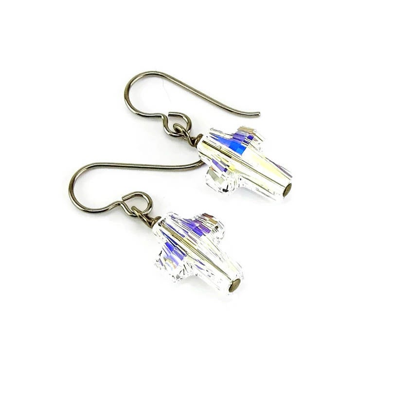 Crystal Cross Niobium Earrings, Clear Crystal Aurora Borealis Swarovski Cross Titanium Earrings for Sensitive Ears, Hypoallergenic No Nickel