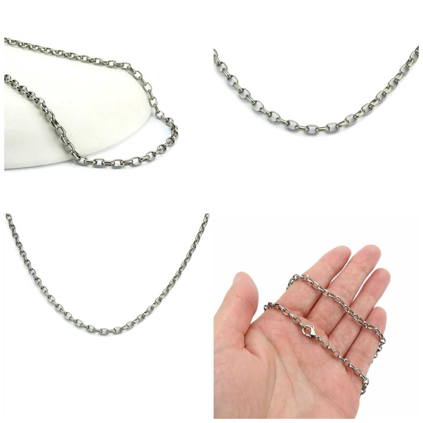 Mens Titanium Necklace, Half Round Oval Titanium 4 mm wide Chain Necklace for Sensitive Skin, Nickel Free Pure Titanium Jewelry for Him