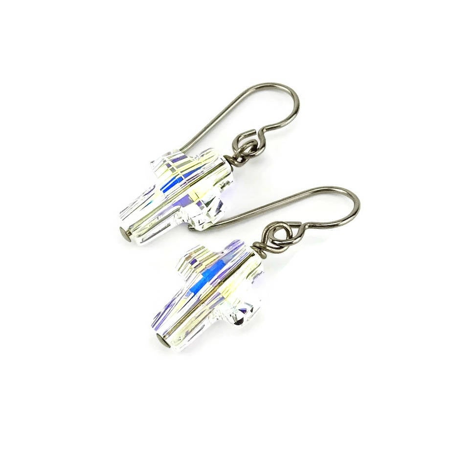 Crystal Cross Niobium Earrings, Clear Crystal Aurora Borealis Swarovski Cross Titanium Earrings for Sensitive Ears, Hypoallergenic No Nickel