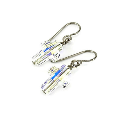 Crystal Cross Niobium Earrings, Clear Crystal Aurora Borealis Swarovski Cross Titanium Earrings for Sensitive Ears, Hypoallergenic No Nickel