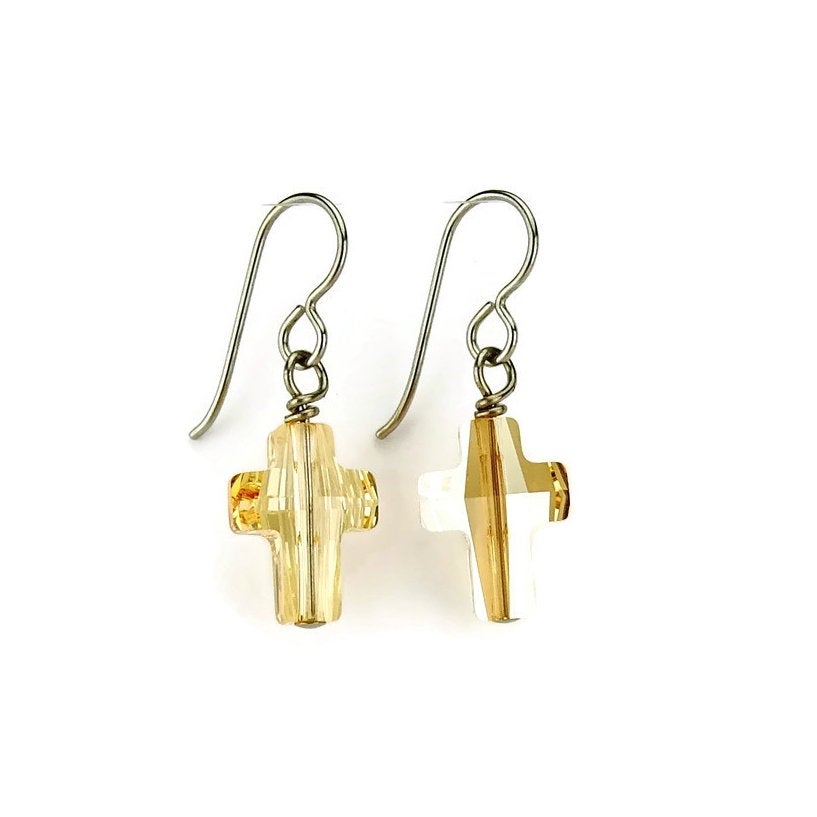 Hypoallergenic Gold Cross Earrings, Golden Shadow Swarovski Crystal Crosses on Niobium or Titanium Ear wires for Sensitive Ears