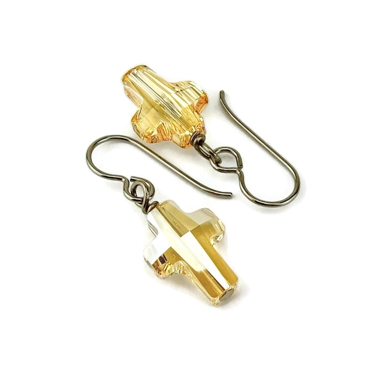 Hypoallergenic Gold Cross Earrings, Golden Shadow Swarovski Crystal Crosses on Niobium or Titanium Ear wires for Sensitive Ears