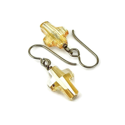 Hypoallergenic Gold Cross Earrings, Golden Shadow Swarovski Crystal Crosses on Niobium or Titanium Ear wires for Sensitive Ears