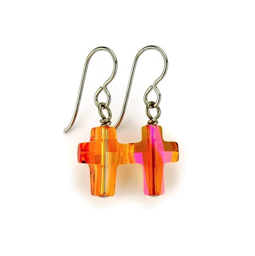 Astral Pink Cross Titanium Earrings, Niobium Wire Wrapped Swarovski Crystal, Hypoallergenic Nickel Free Earrings for Sensitive Ears, Orange