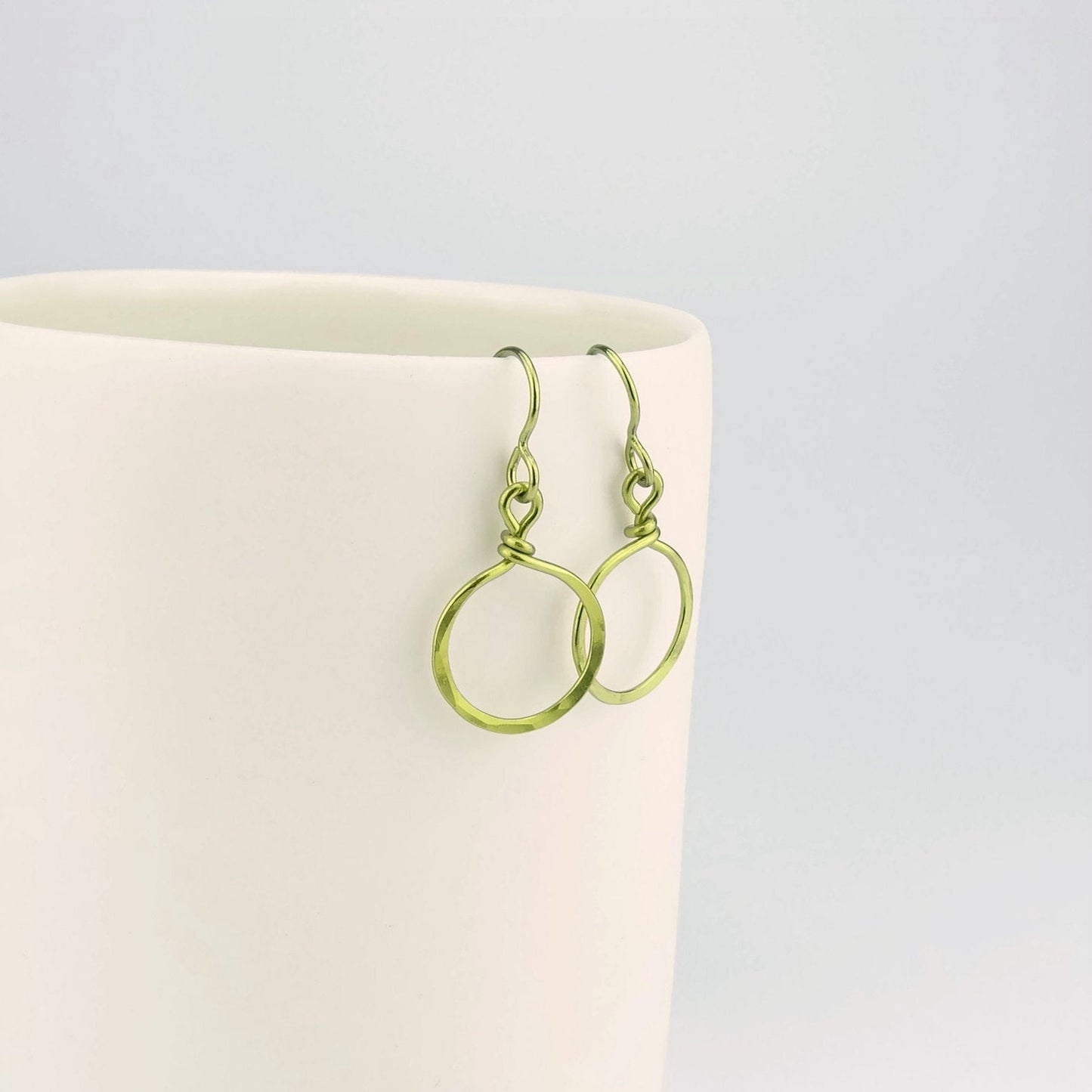 Small Gold-color Hammered Dangle Hoop Earrings, Hypoallergenic Nickel Free Circles, Gold Anodized Niobium Earrings for Sensitive Ears