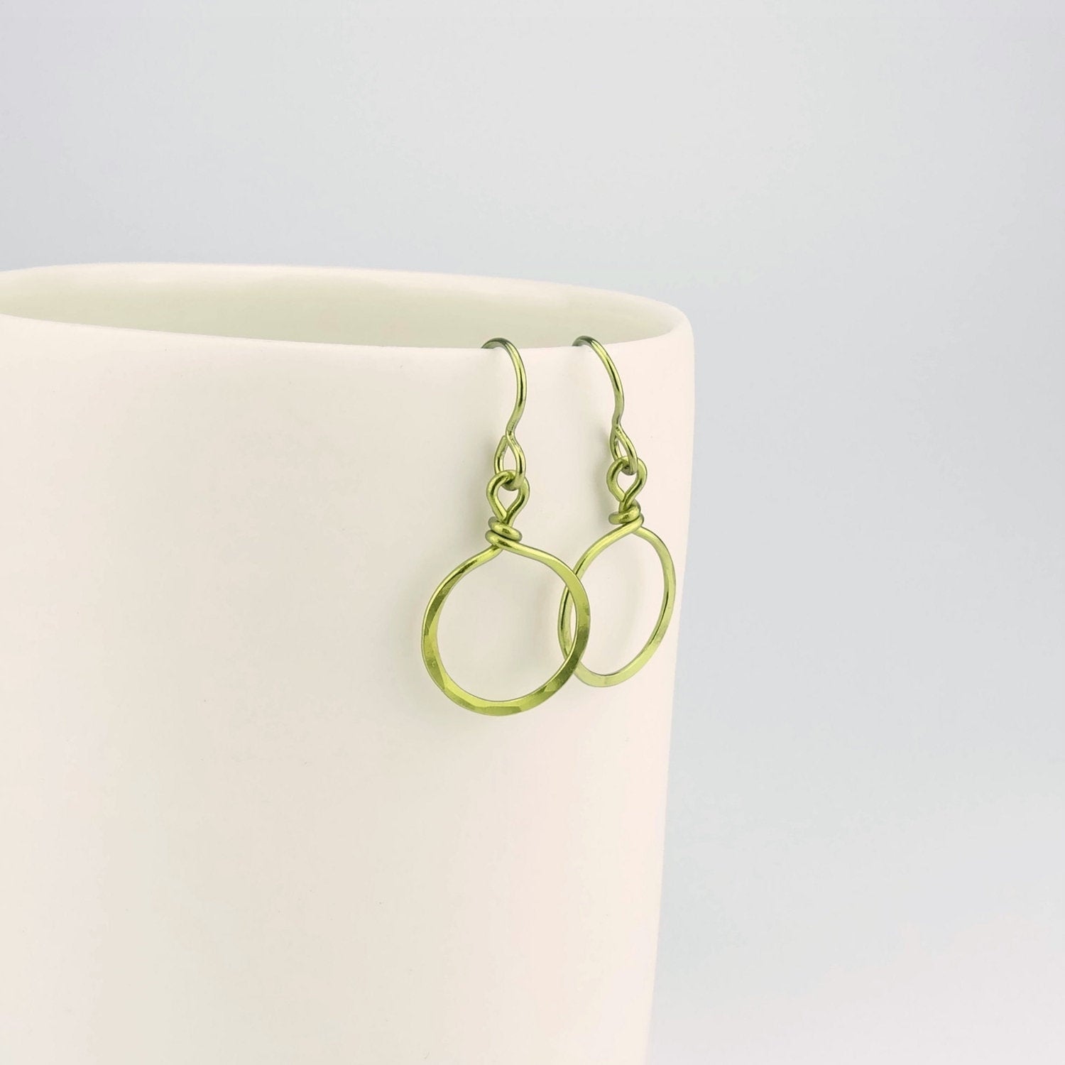 Small Gold-color Hammered Dangle Hoop Earrings, Hypoallergenic Nickel Free Circles, Gold Anodized Niobium Earrings for Sensitive Ears