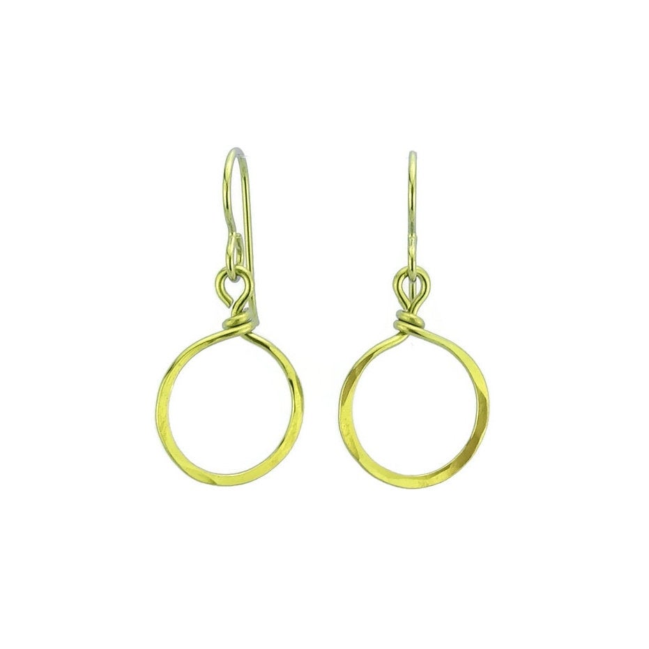 Small Gold-color Hammered Dangle Hoop Earrings, Hypoallergenic Nickel Free Circles, Gold Anodized Niobium Earrings for Sensitive Ears