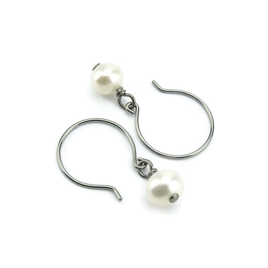 White Pearl Earrings, Niobium Earrings, Freshwater Pearls Titanium Earrings for Sensitive Ears, Hypoallergenic Hoop Nickel Free Earrings