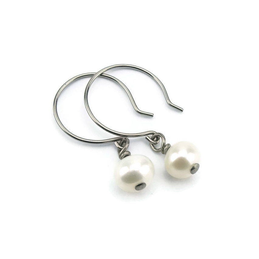 White Pearl Earrings, Niobium Earrings, Freshwater Pearls Titanium Earrings for Sensitive Ears, Hypoallergenic Hoop Nickel Free Earrings
