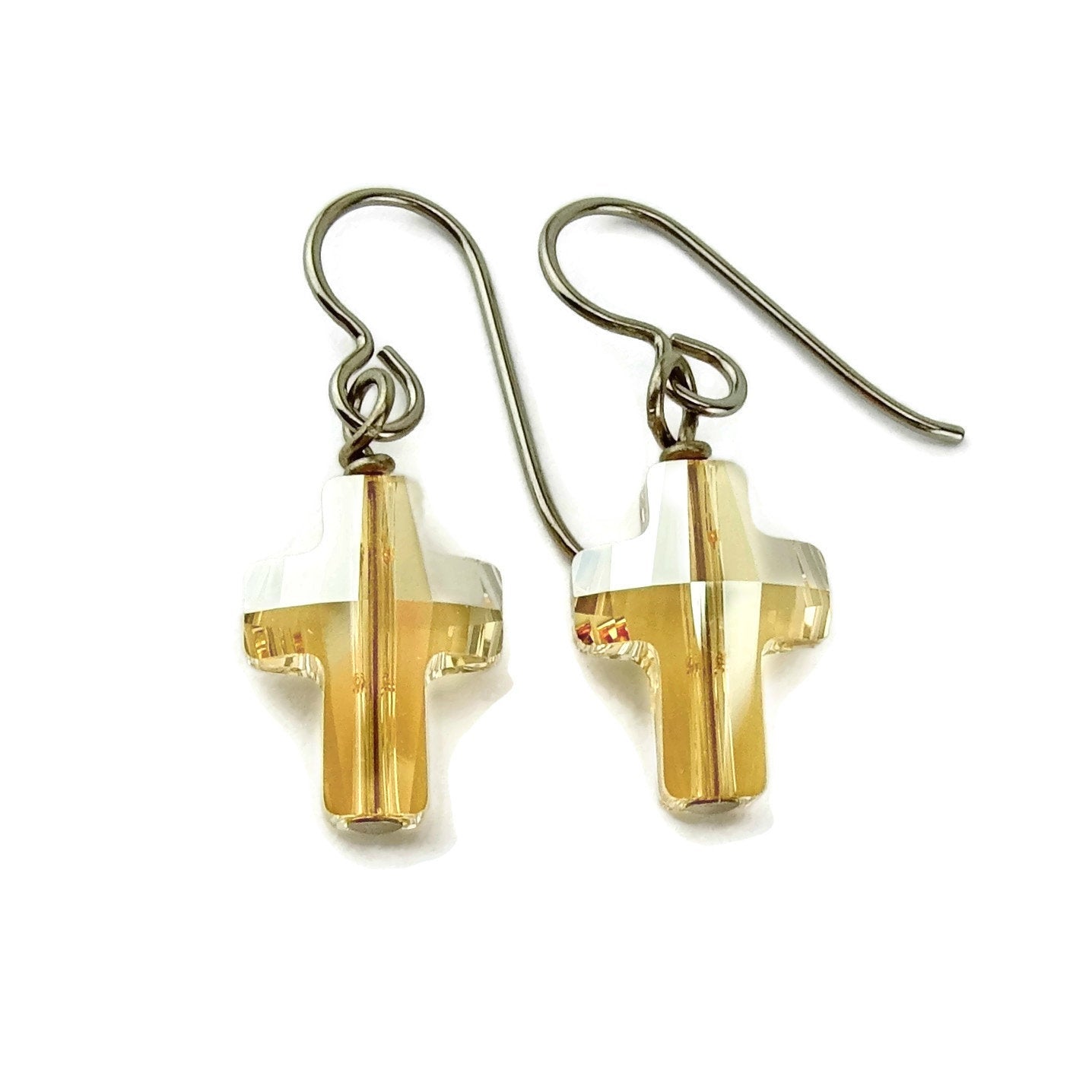 Hypoallergenic Gold Cross Earrings, Golden Shadow Swarovski Crystal Crosses on Niobium or Titanium Ear wires for Sensitive Ears