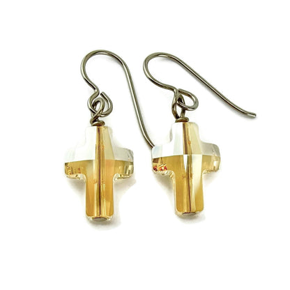 Hypoallergenic Gold Cross Earrings, Golden Shadow Swarovski Crystal Crosses on Niobium or Titanium Ear wires for Sensitive Ears