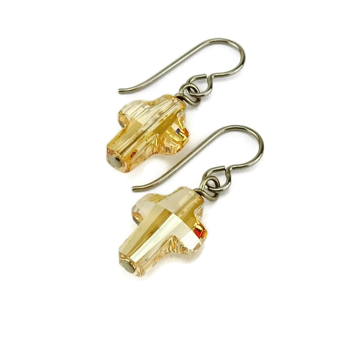 Hypoallergenic Gold Cross Earrings, Golden Shadow Swarovski Crystal Crosses on Niobium or Titanium Ear wires for Sensitive Ears
