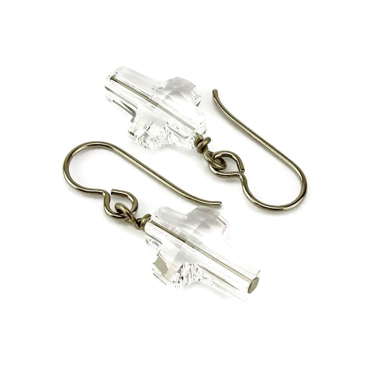 Clear Crystal Cross Titanium Earrings, Swarovski Crystal Cross Earrings for Sensitive Ears on Nickel Free Niobium or Titanium Earwires,