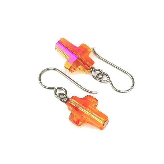 Astral Pink Cross Titanium Earrings, Niobium Wire Wrapped Swarovski Crystal, Hypoallergenic Nickel Free Earrings for Sensitive Ears, Orange