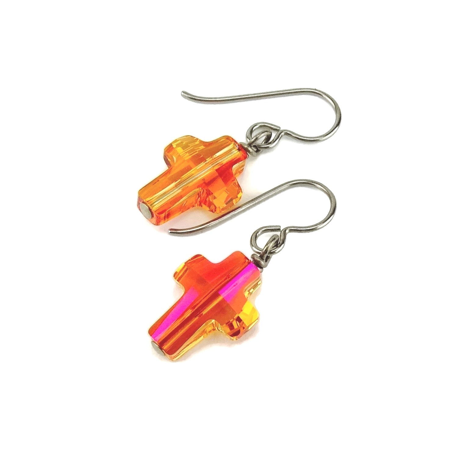Astral Pink Cross Titanium Earrings, Niobium Wire Wrapped Swarovski Crystal, Hypoallergenic Nickel Free Earrings for Sensitive Ears, Orange