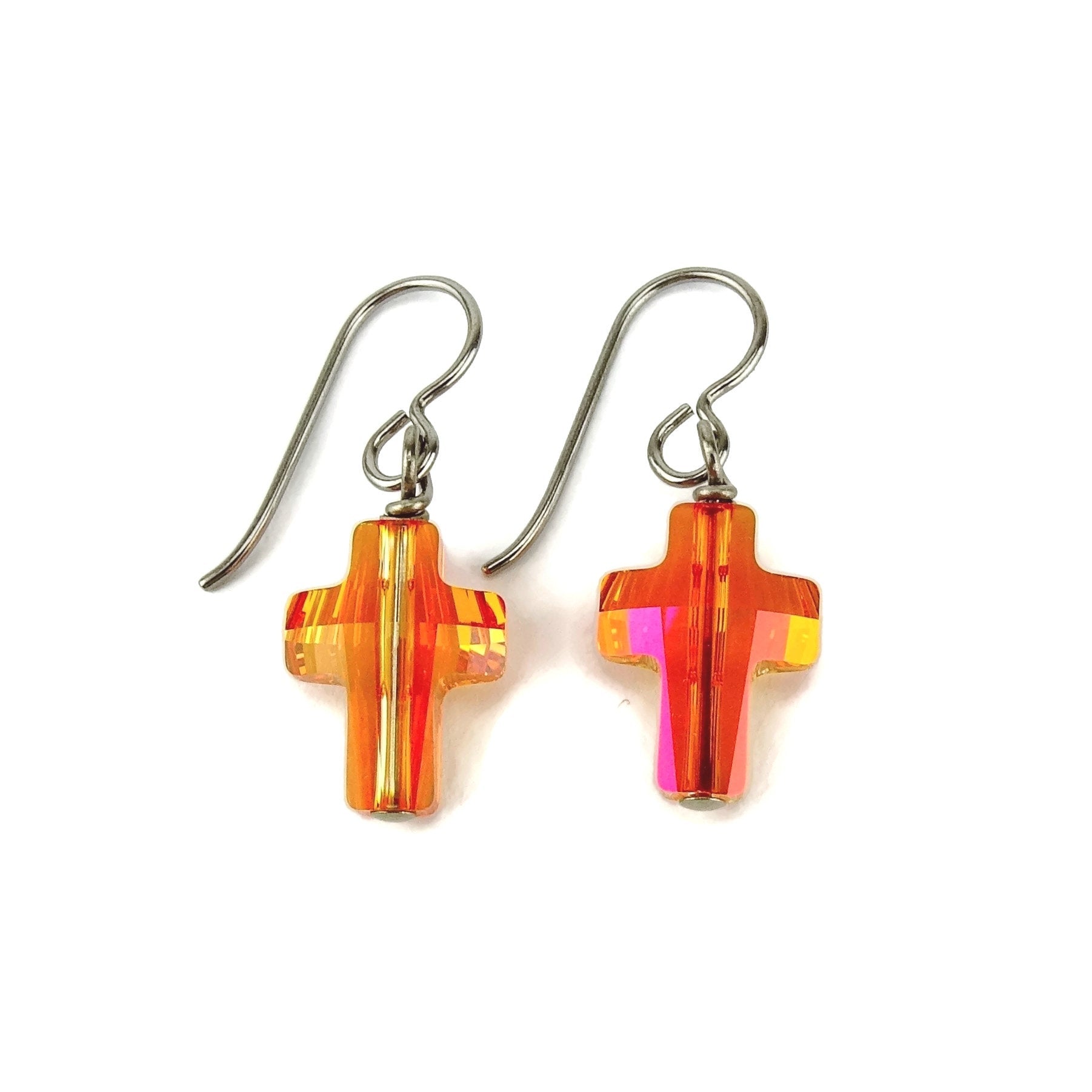 Astral Pink Cross Titanium Earrings, Niobium Wire Wrapped Swarovski Crystal, Hypoallergenic Nickel Free Earrings for Sensitive Ears, Orange