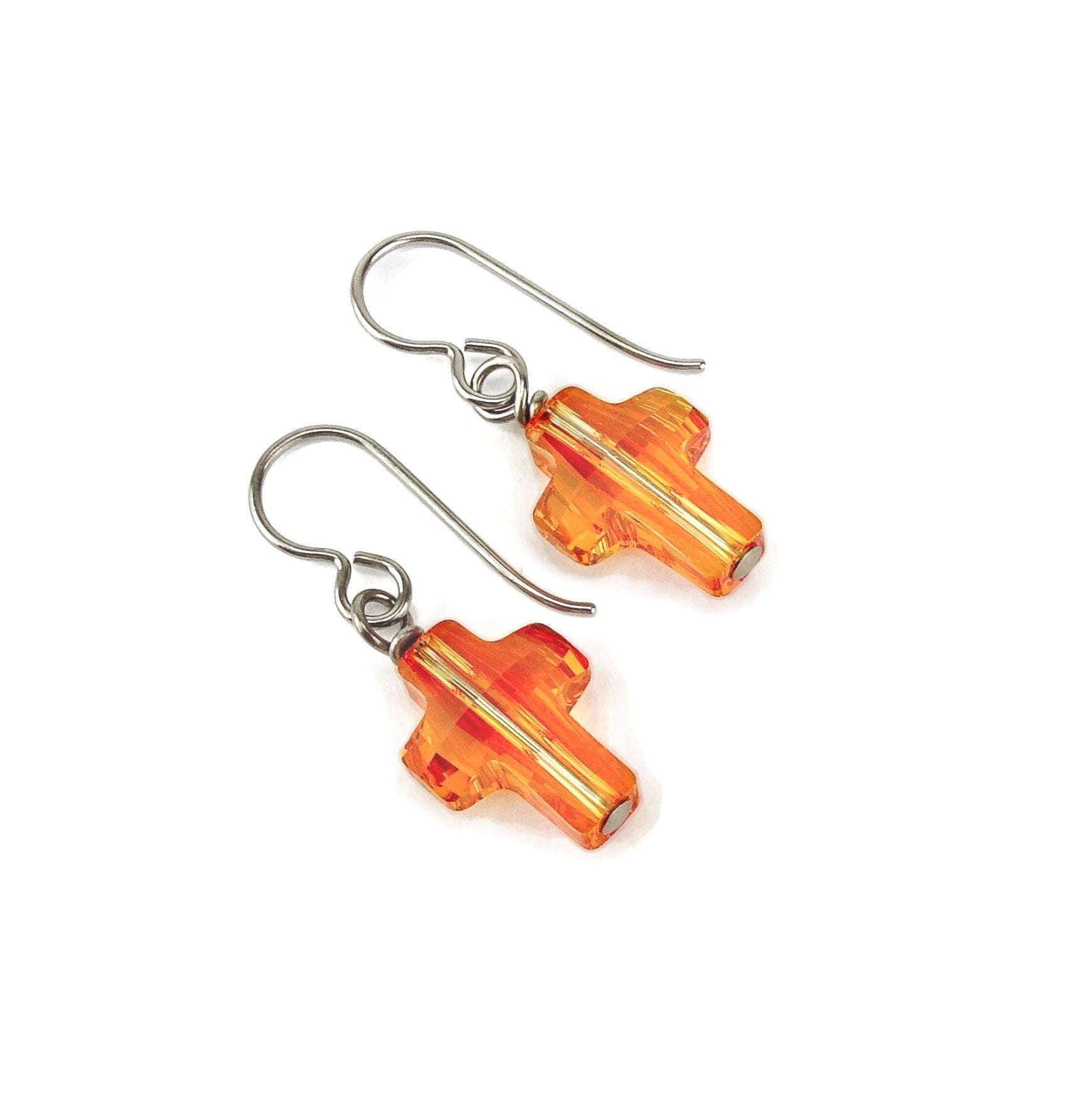 Astral Pink Cross Titanium Earrings, Niobium Wire Wrapped Swarovski Crystal, Hypoallergenic Nickel Free Earrings for Sensitive Ears, Orange