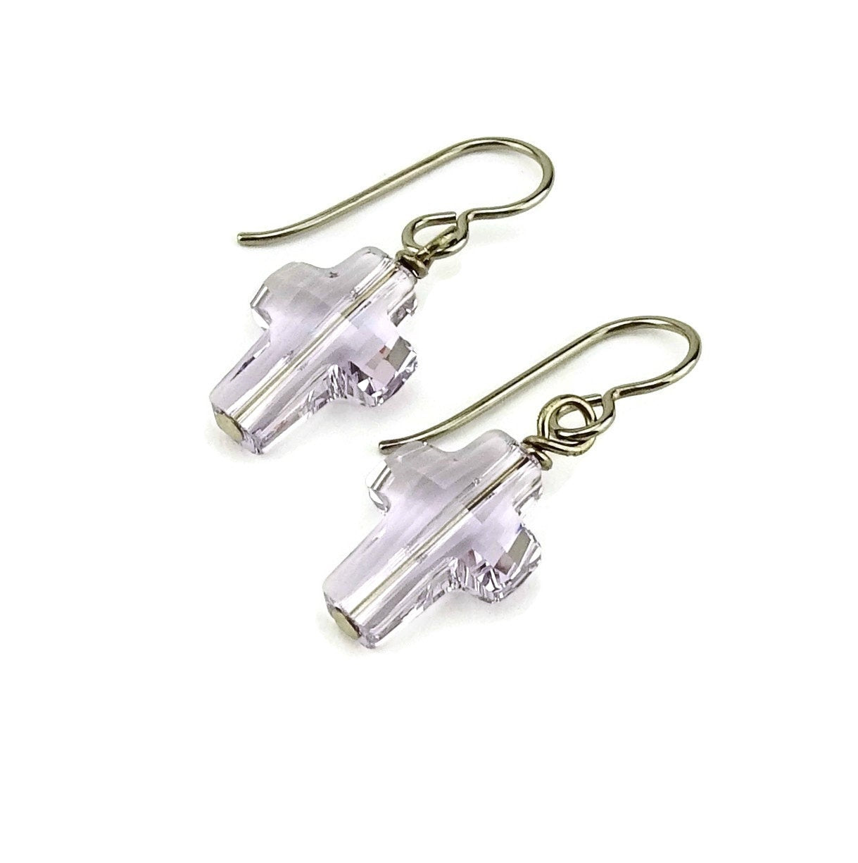 Smoky Mauve Cross Titanium Earrings, Niobium Wire Wrapped Pale Purple Swarovski Crystal, Hypoallergenic Nickel Free Sensitive Ears Earrings