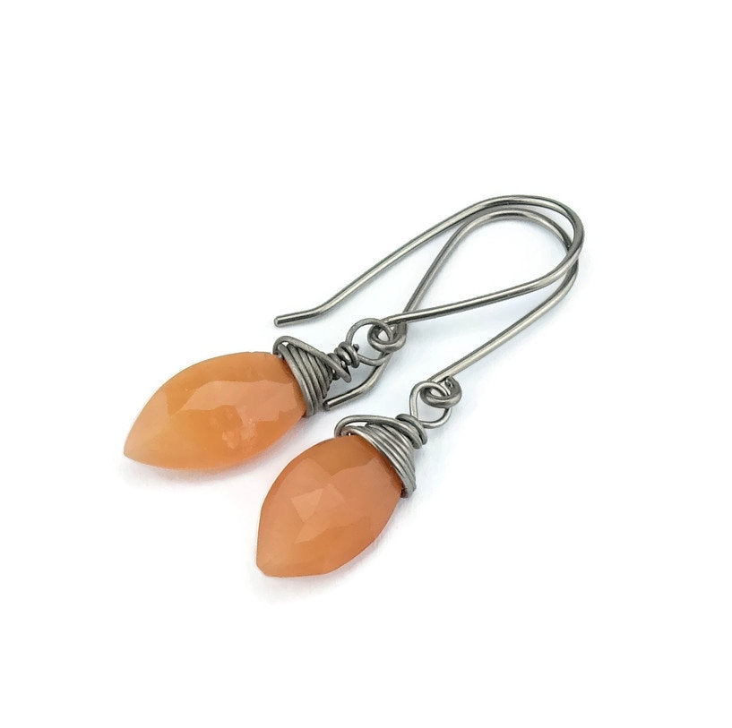 Peach Moonstone Hypoallergenic Earrings for Sensitive Ears, Orange Gemstone Earrings on Niobium or Titanium Earwires, Nickel Free Jewellery