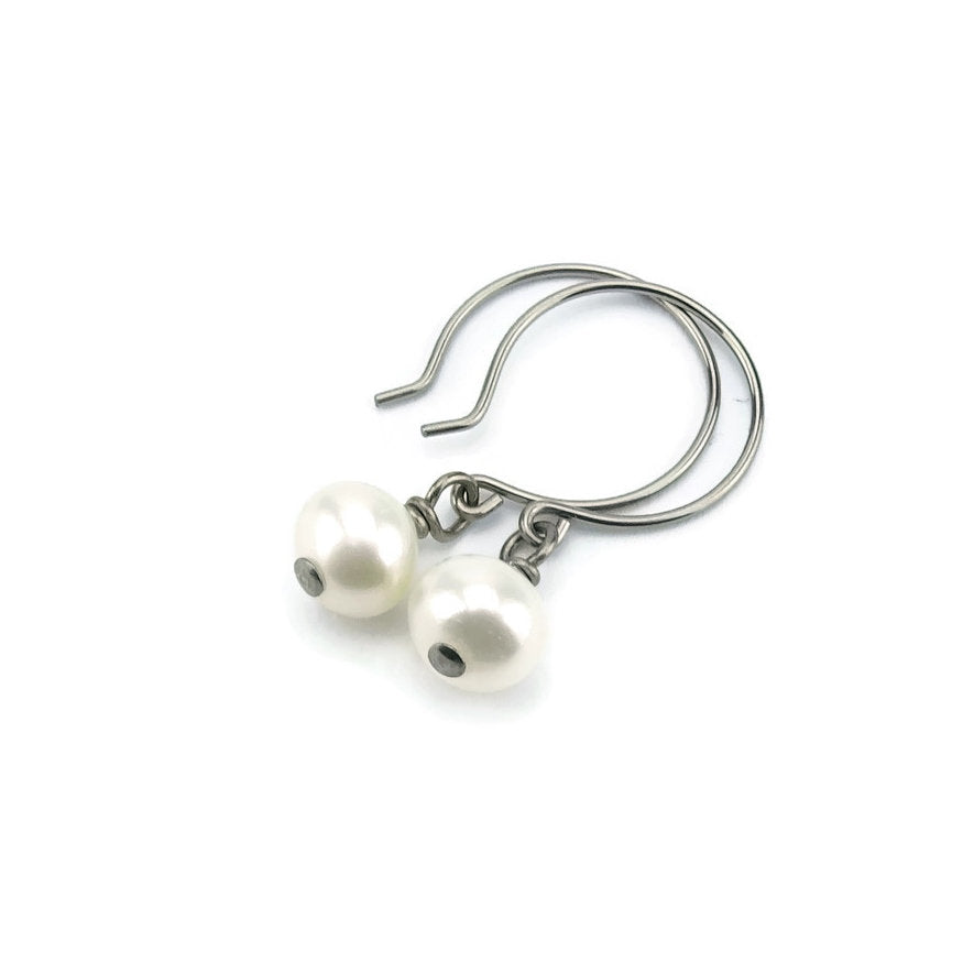 White Pearl Earrings, Niobium Earrings, Freshwater Pearls Titanium Earrings for Sensitive Ears, Hypoallergenic Hoop Nickel Free Earrings