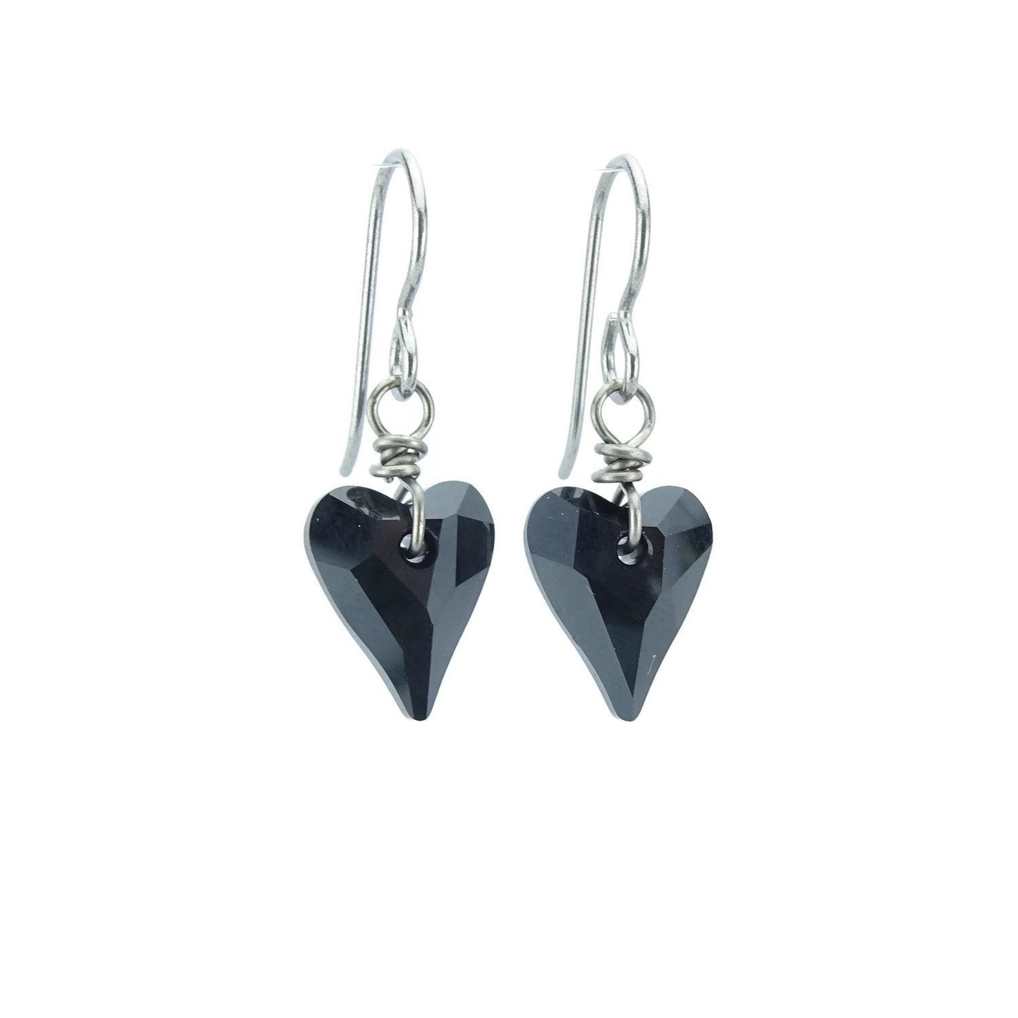 Black Heart Nickel Free Earrings, Jet Black Swarovski Crystal, Love Heart Niobium Earrings for Sensitive Ears, Hypoallergenic Titanium