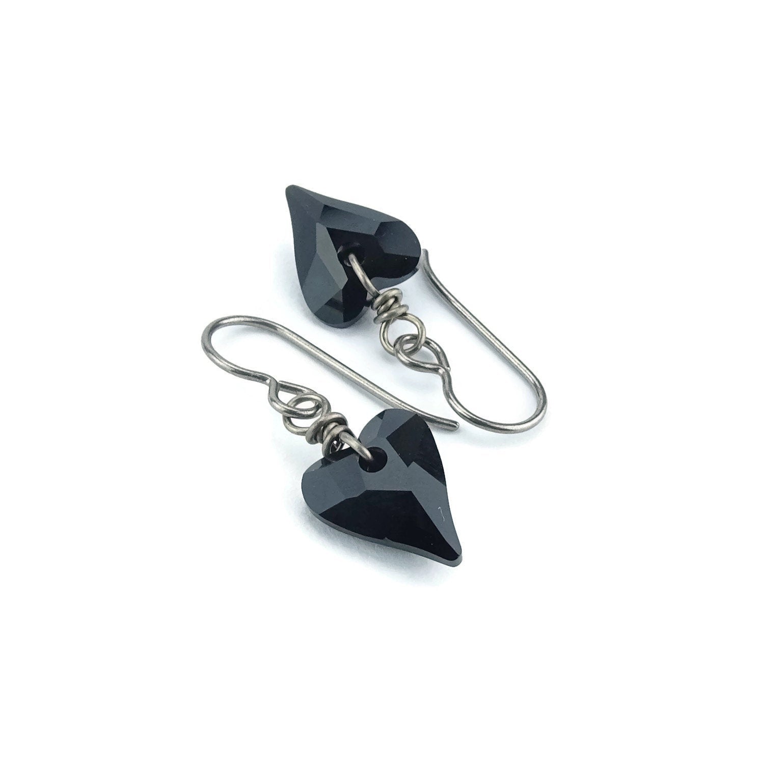 Black Heart Nickel Free Earrings, Jet Black Swarovski Crystal, Love Heart Niobium Earrings for Sensitive Ears, Hypoallergenic Titanium