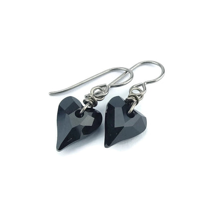 Black Heart Nickel Free Earrings, Jet Black Swarovski Crystal, Love Heart Niobium Earrings for Sensitive Ears, Hypoallergenic Titanium