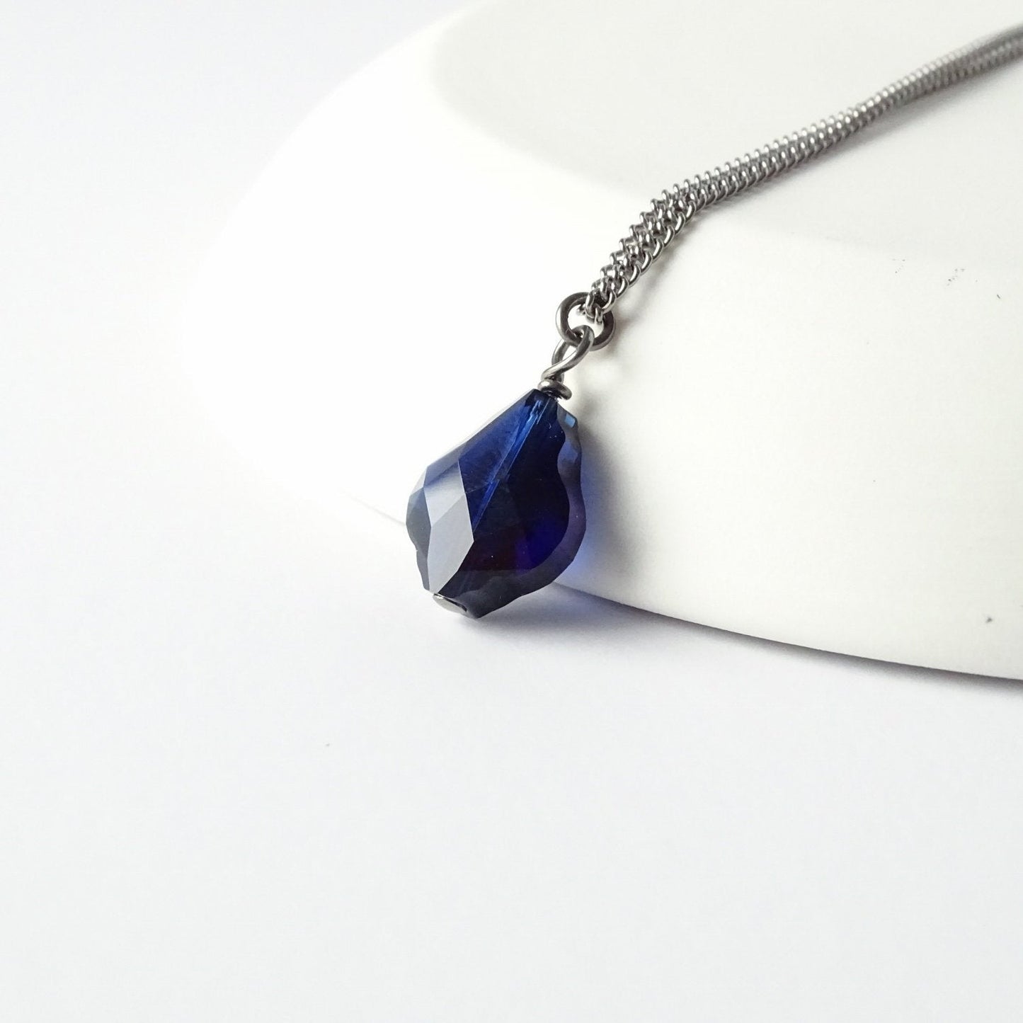 Dark Blue Baroque Crystal Titanium Necklace, Nickel Free Necklace For Sensitive Skin, Dark Indigo Swarovski Crystal, Pure Titanium Jewelry