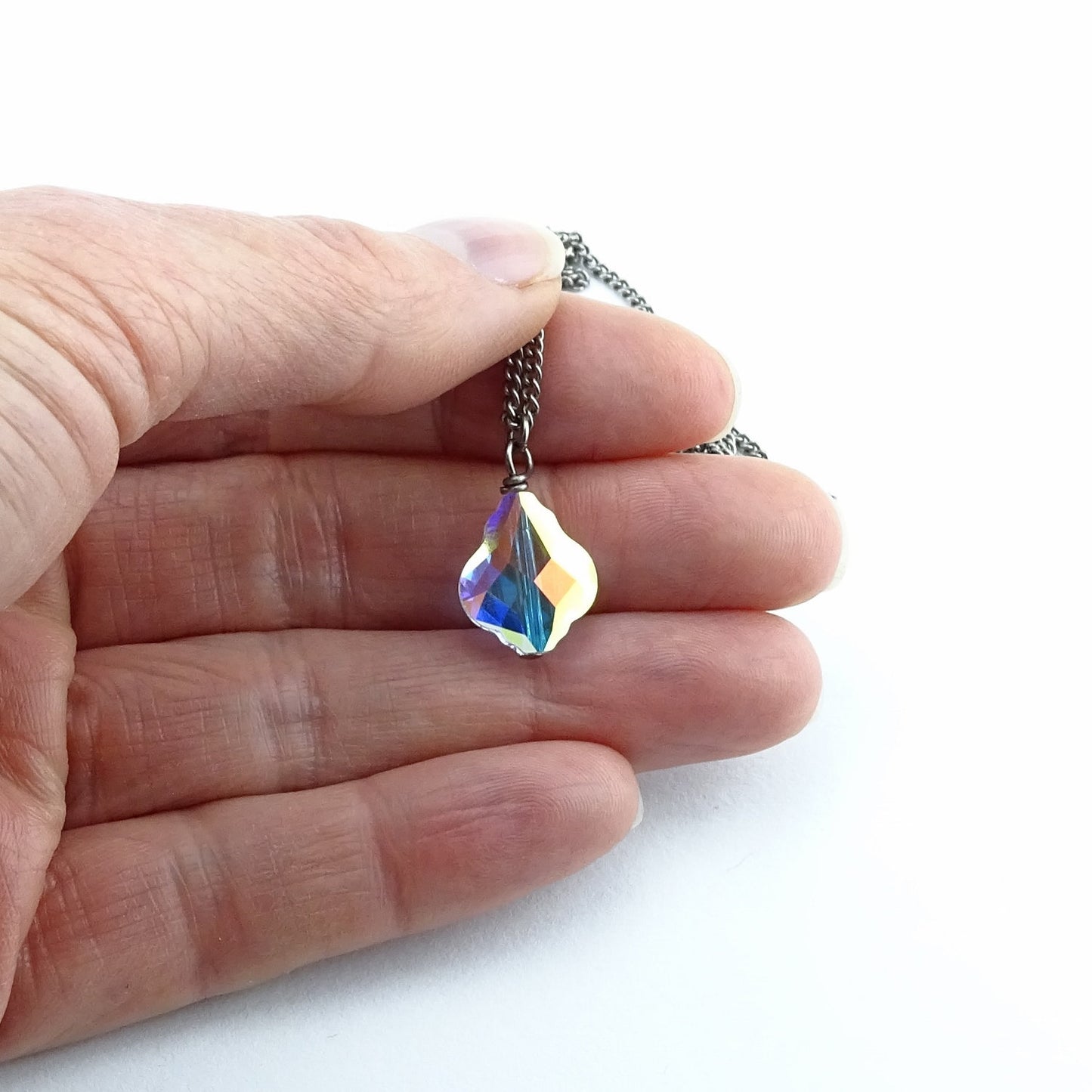 Aurora Borealis Baroque Crystal Titanium Necklace, Nickel Free Necklace For Sensitive Skin, Clear AB Swarovski Crystal Pure Titanium Jewelry