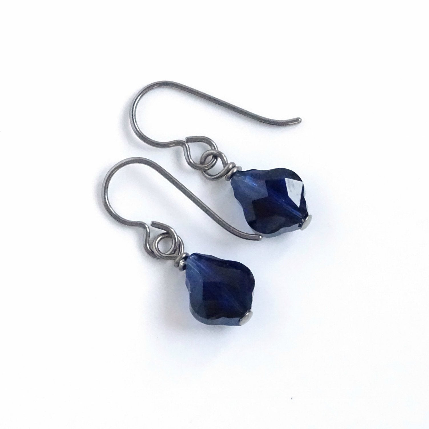 Blue Baroque Crystal Titanium Earrings, Dark Indigo Swarovski Crystal, Hypoallergenic Nickel Free Niobium Earrings for Sensitive Ears