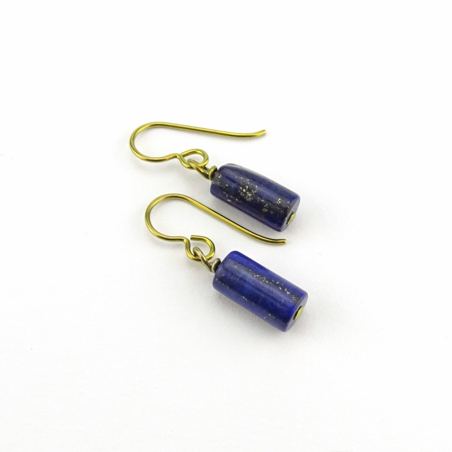 Gold Niobium Lapis Lazuli Barrel Earrings, Nickel Free Dark Royal Blue Gemstone Earrings, Hypoallergenic Gold Color Anodized Earrings