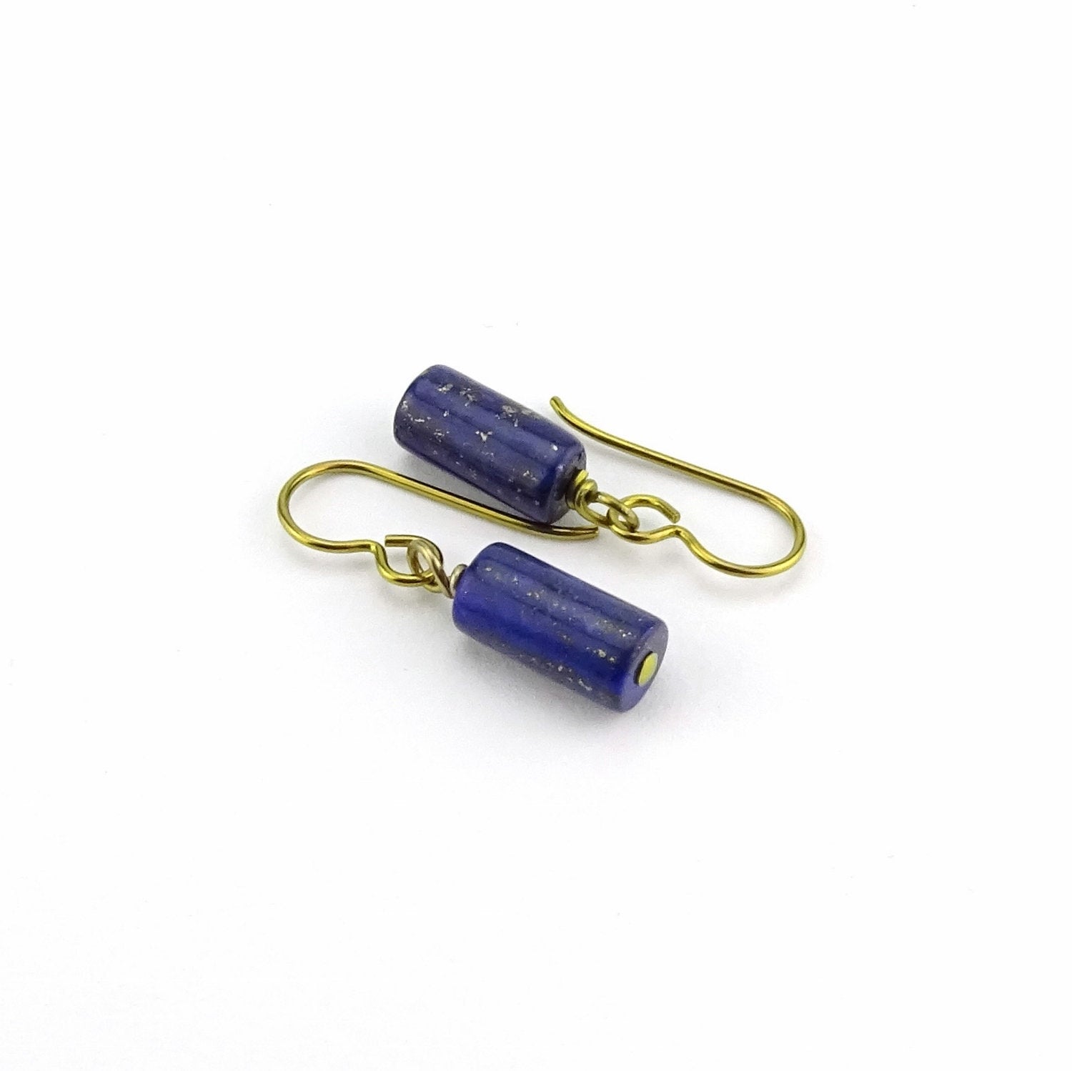 Gold Niobium Lapis Lazuli Barrel Earrings, Nickel Free Dark Royal Blue Gemstone Earrings, Hypoallergenic Gold Color Anodized Earrings