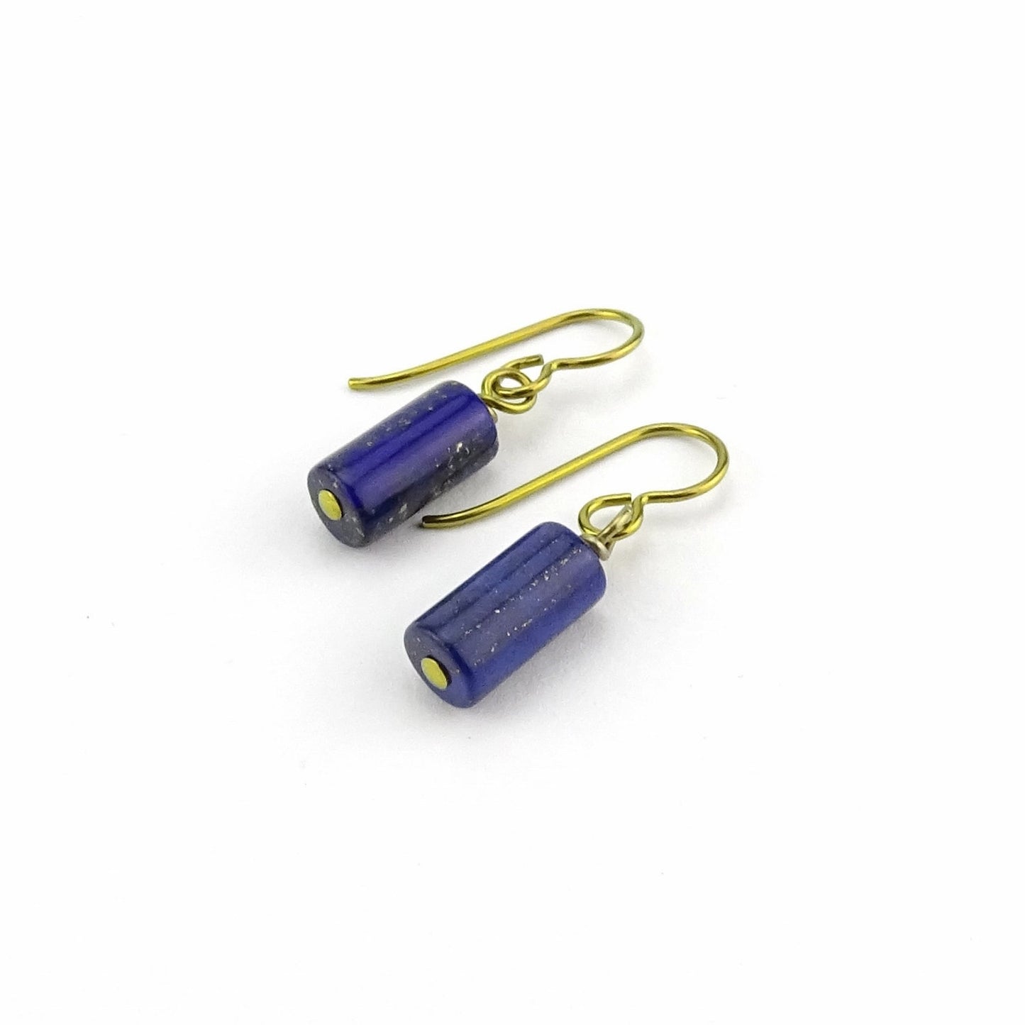 Gold Niobium Lapis Lazuli Barrel Earrings, Nickel Free Dark Royal Blue Gemstone Earrings, Hypoallergenic Gold Color Anodized Earrings
