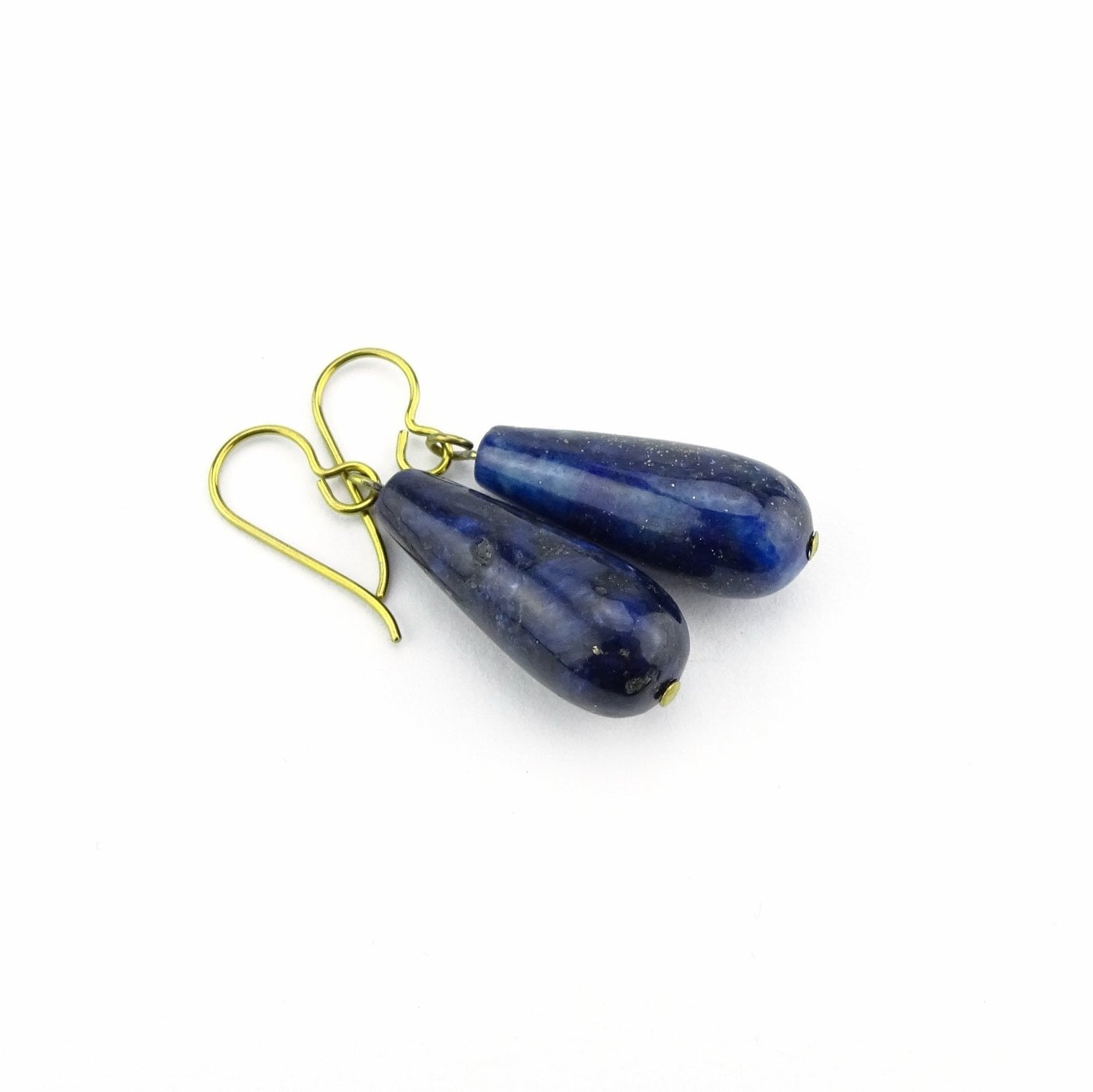 Lapis Lazuli Teardrop Gold Niobium Earrings, Dark Royal Blue Stone Nickel Free Earrings, Hypoallergenic Gold Color Earrings