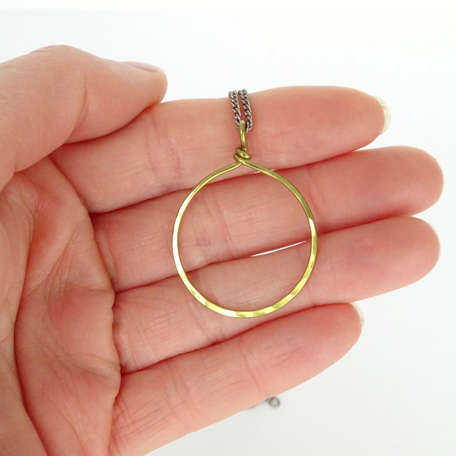 Gold Circle Hoop Titanium Necklace, Hypoallergenic Nickel Free Niobium, Big Hammered Ring Necklace for Sensitive Skin, Simple Loop Pendant