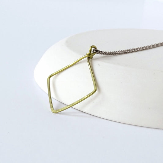 Diamond Square Hoop Titanium Necklace, Hammered Geometric Gold Niobium Pendant, Hypoallergenic Nickel Free Necklace for Sensitive Skin