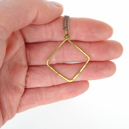 Diamond Square Hoop Titanium Necklace, Hammered Geometric Gold Niobium Pendant, Hypoallergenic Nickel Free Necklace for Sensitive Skin