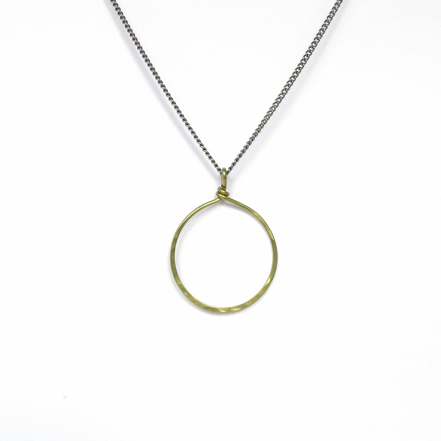 Gold Circle Hoop Titanium Necklace, Hypoallergenic Nickel Free Niobium, Big Hammered Ring Necklace for Sensitive Skin, Simple Loop Pendant