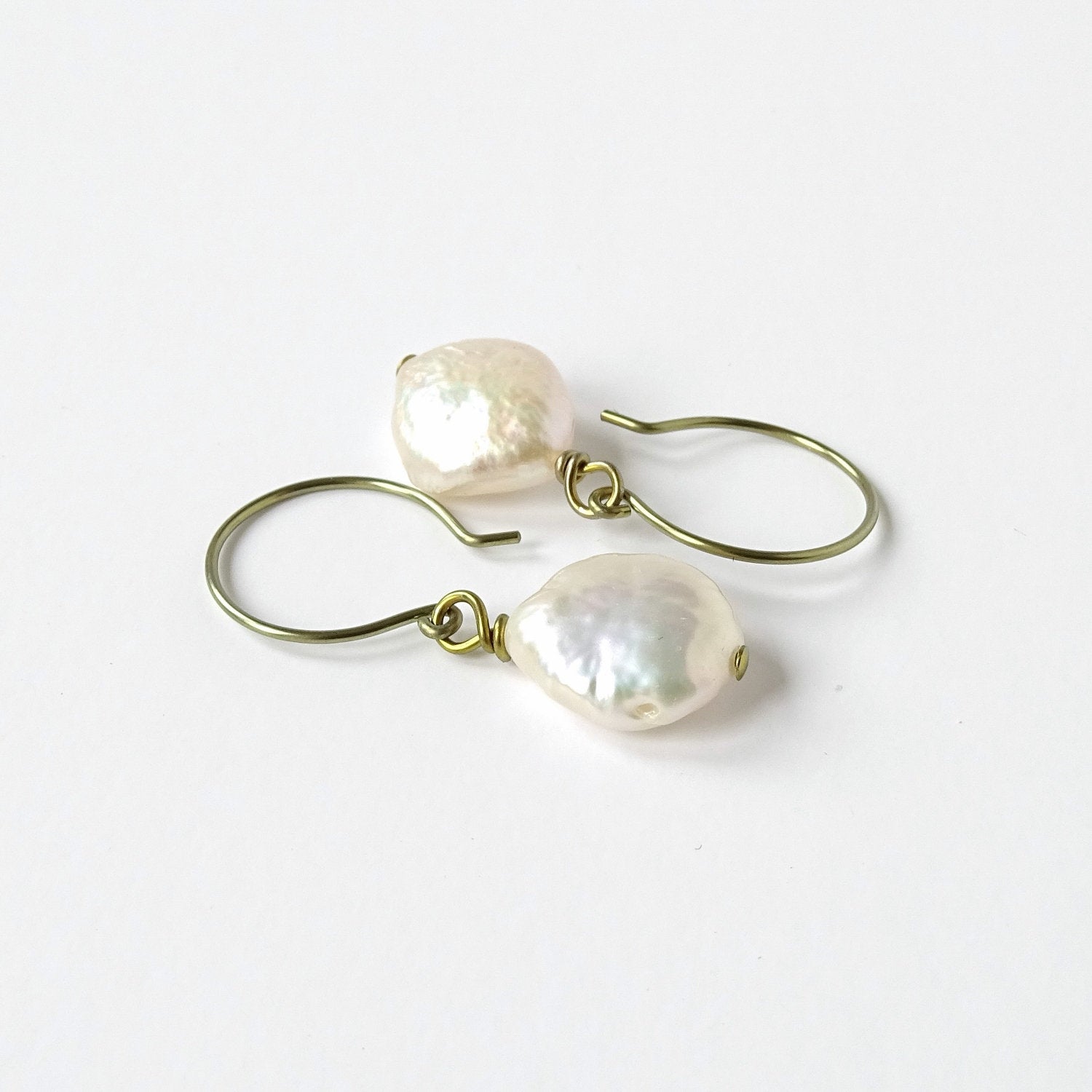 Ivory Coin Pearls Niobium Earrings, Yellow Gold Niobium, Hypoallergenic Nickel Free Earrings For Sensitive Ears, Off White Freshwater Pearls