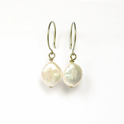 Ivory Coin Pearls Niobium Earrings, Yellow Gold Niobium, Hypoallergenic Nickel Free Earrings For Sensitive Ears, Off White Freshwater Pearls