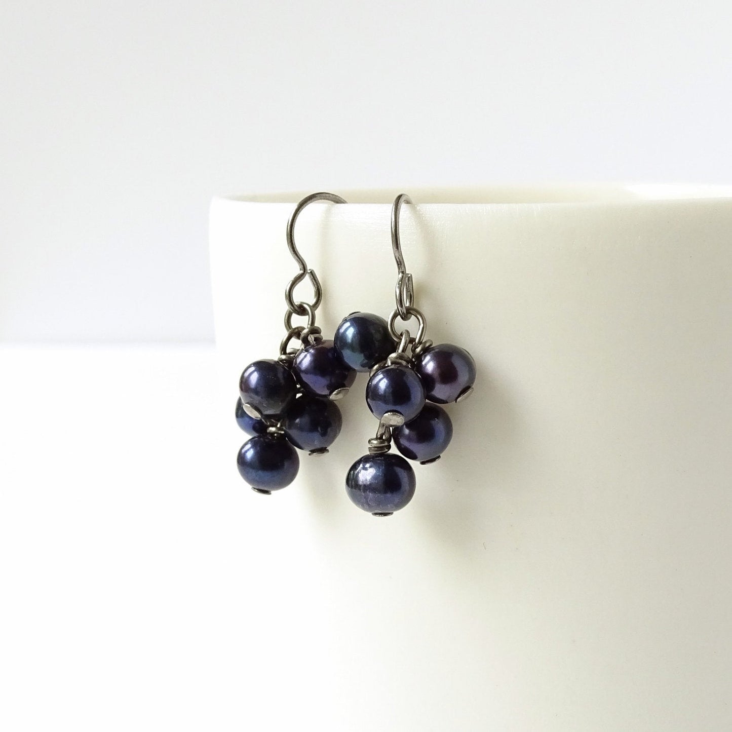 Black Pearl Cluster Niobium Earrings, Hypoallergenic Titanium Earrings For Sensitive Ears, Cascading Blue Purple Pearls Nickel Free Earrings